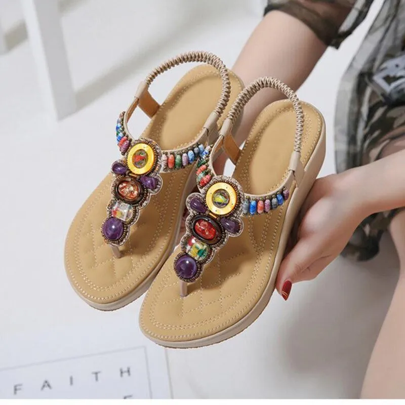 BEYARNE Beaded Soft Mini Wedge Sandal Shoes