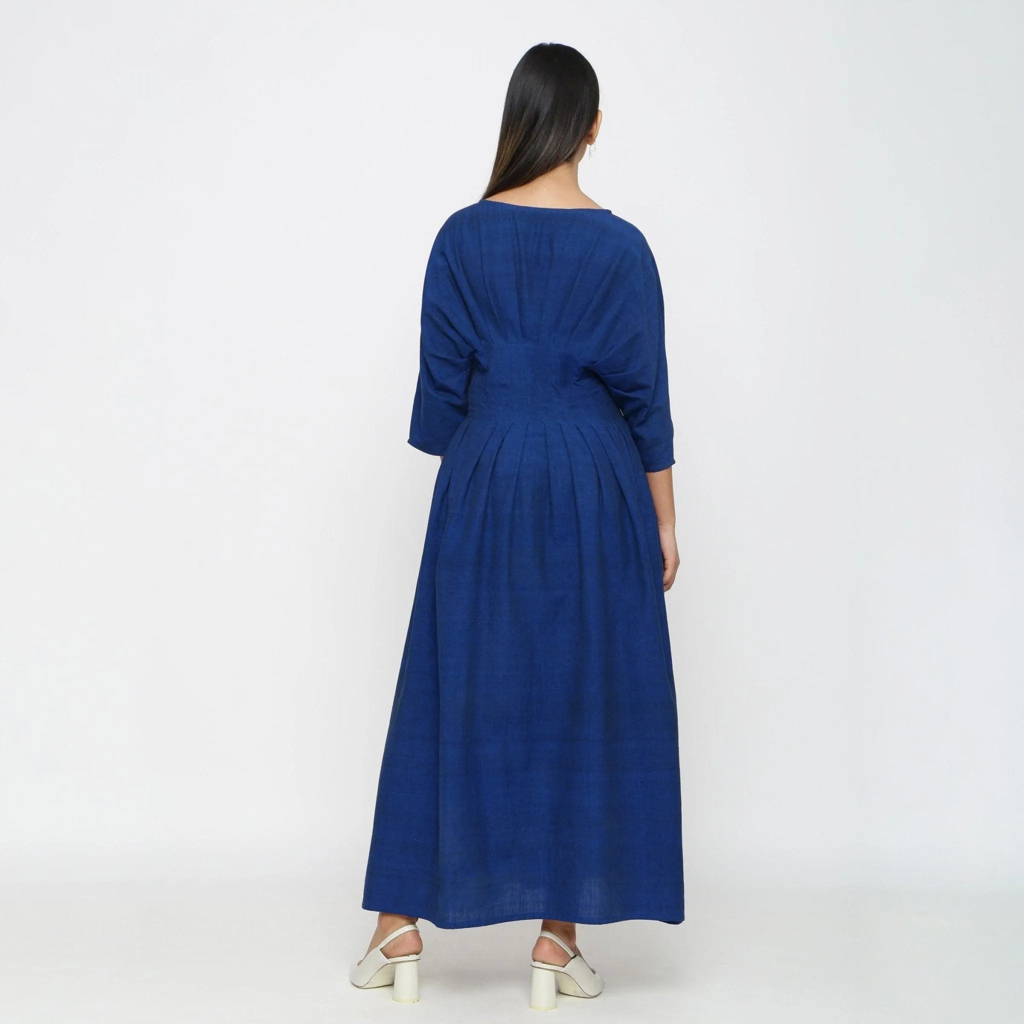 Blue Handspun Cotton Ankle Length Pleated Flared Dress