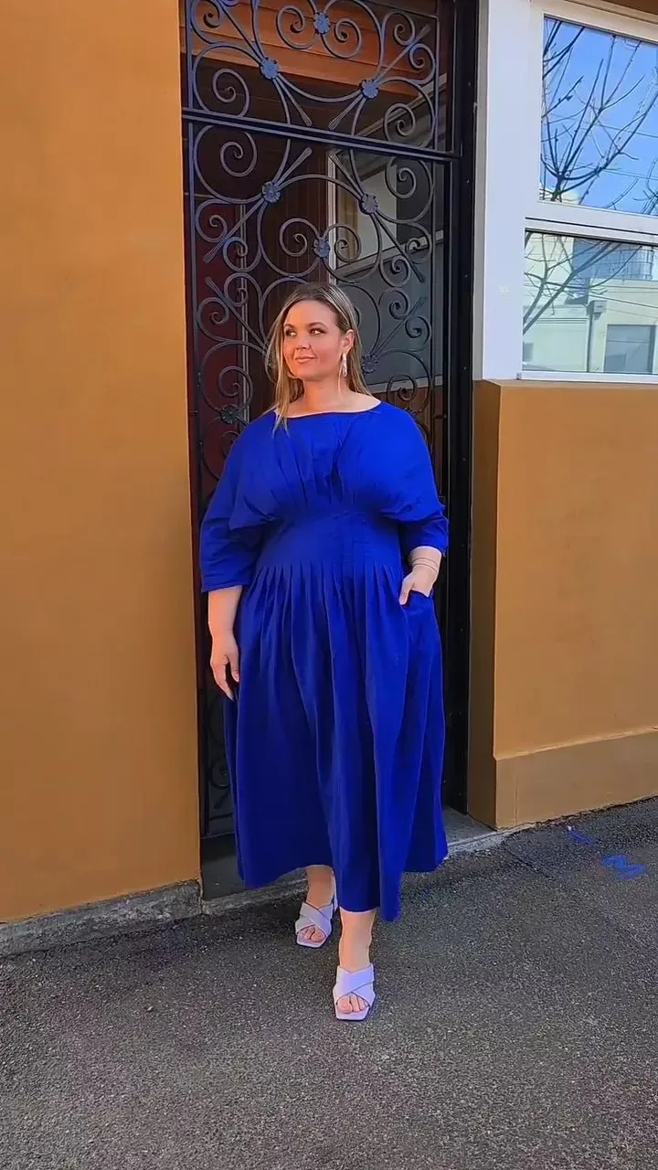 Blue Handspun Cotton Ankle Length Pleated Flared Dress