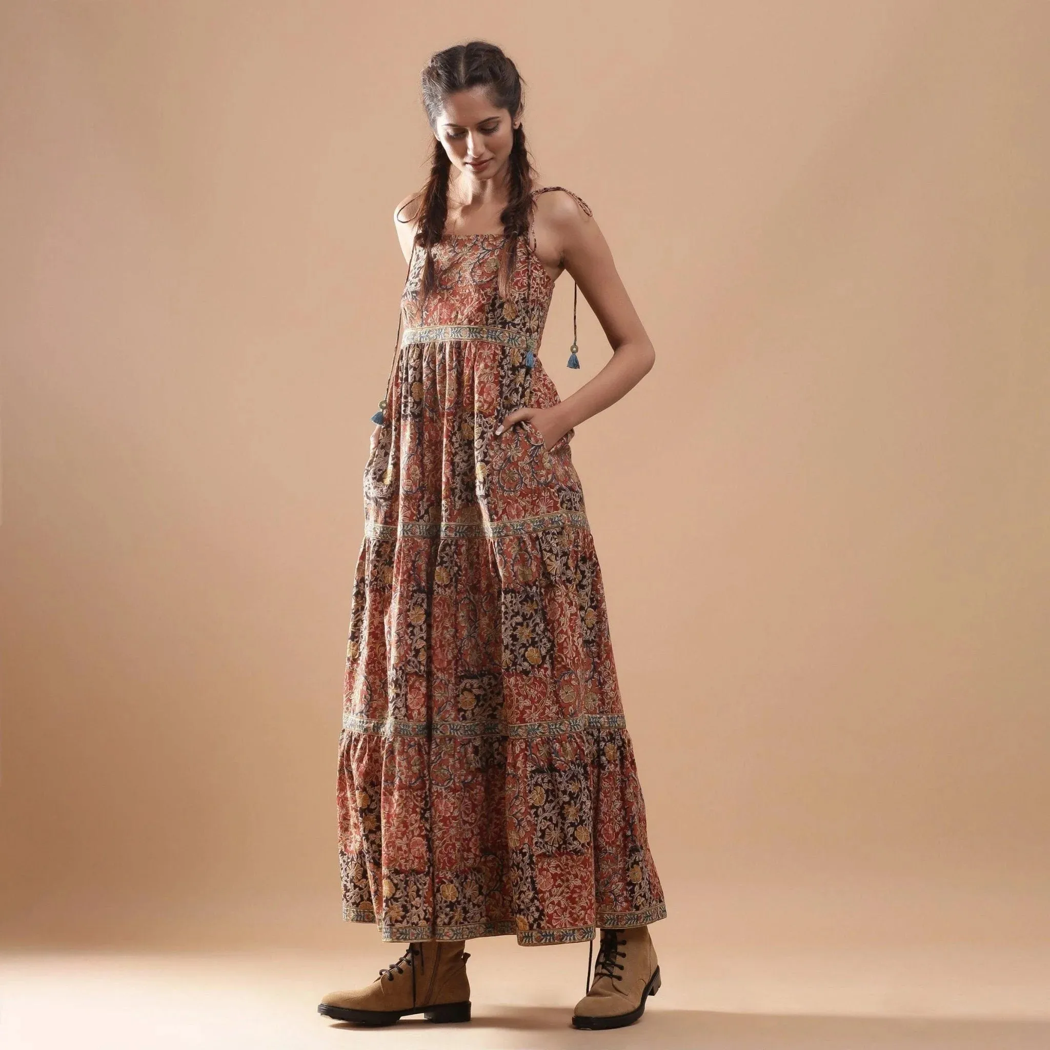 Bohemian Block Print Ankle Length Tier Cotton Dress