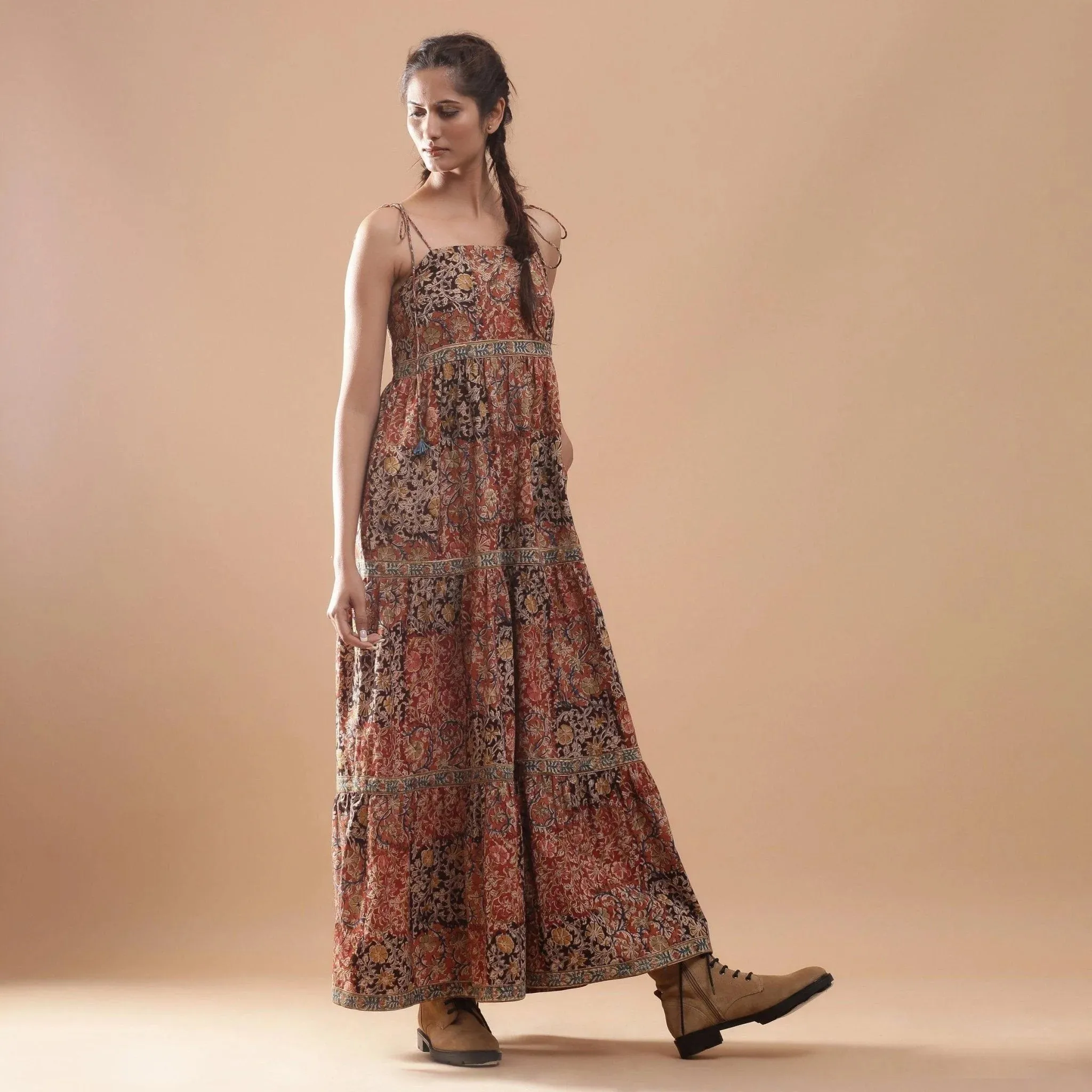 Bohemian Block Print Ankle Length Tier Cotton Dress