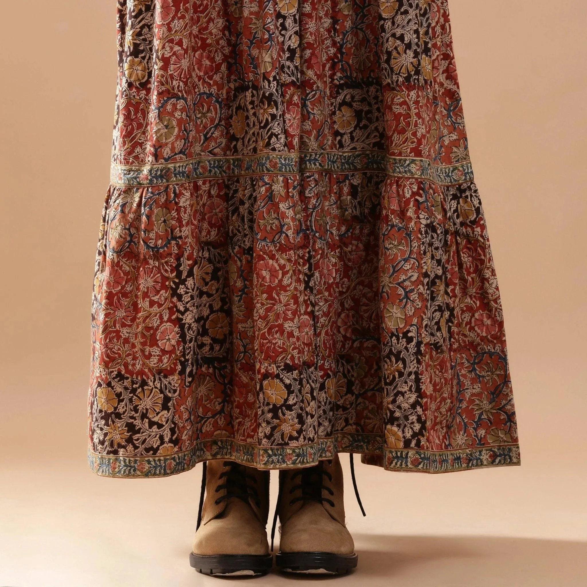 Bohemian Block Print Ankle Length Tier Cotton Dress