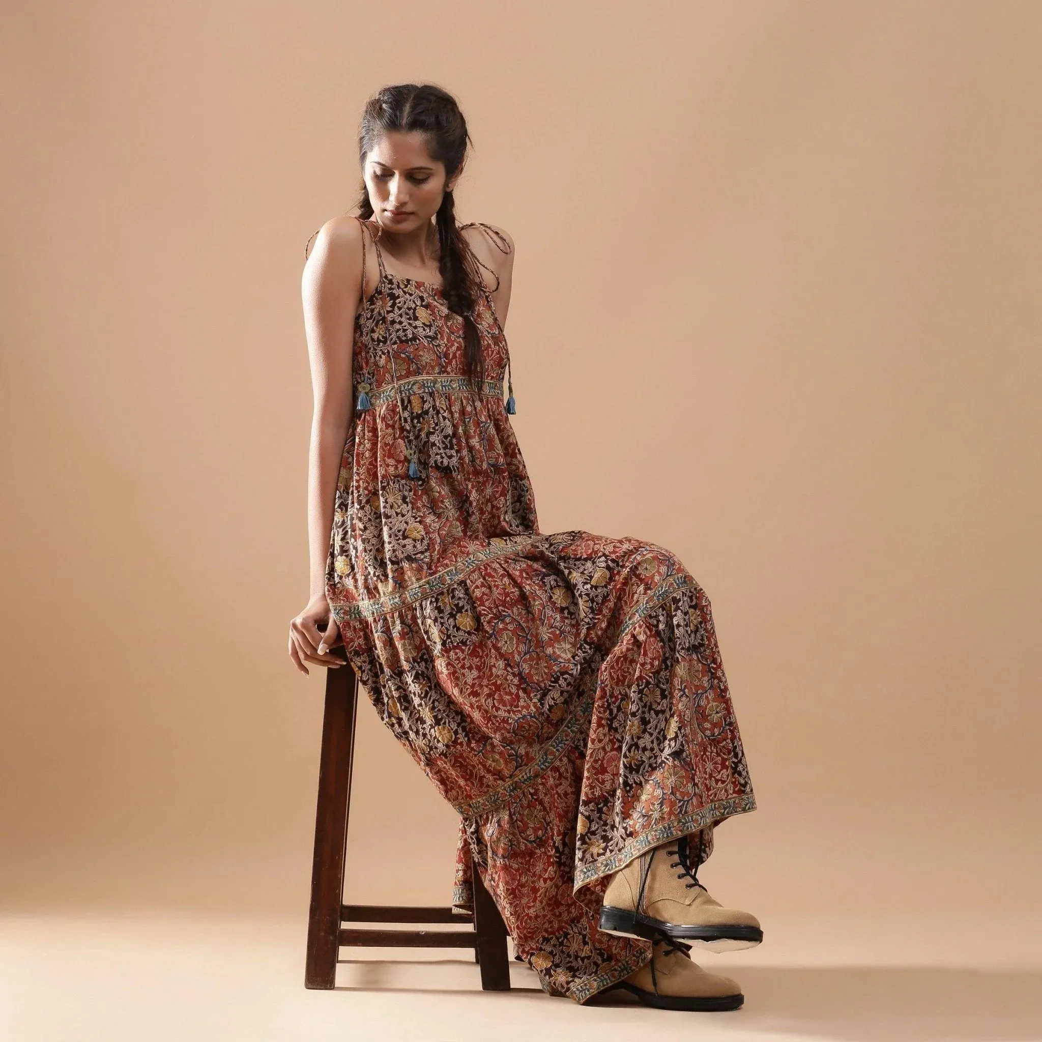 Bohemian Block Print Ankle Length Tier Cotton Dress