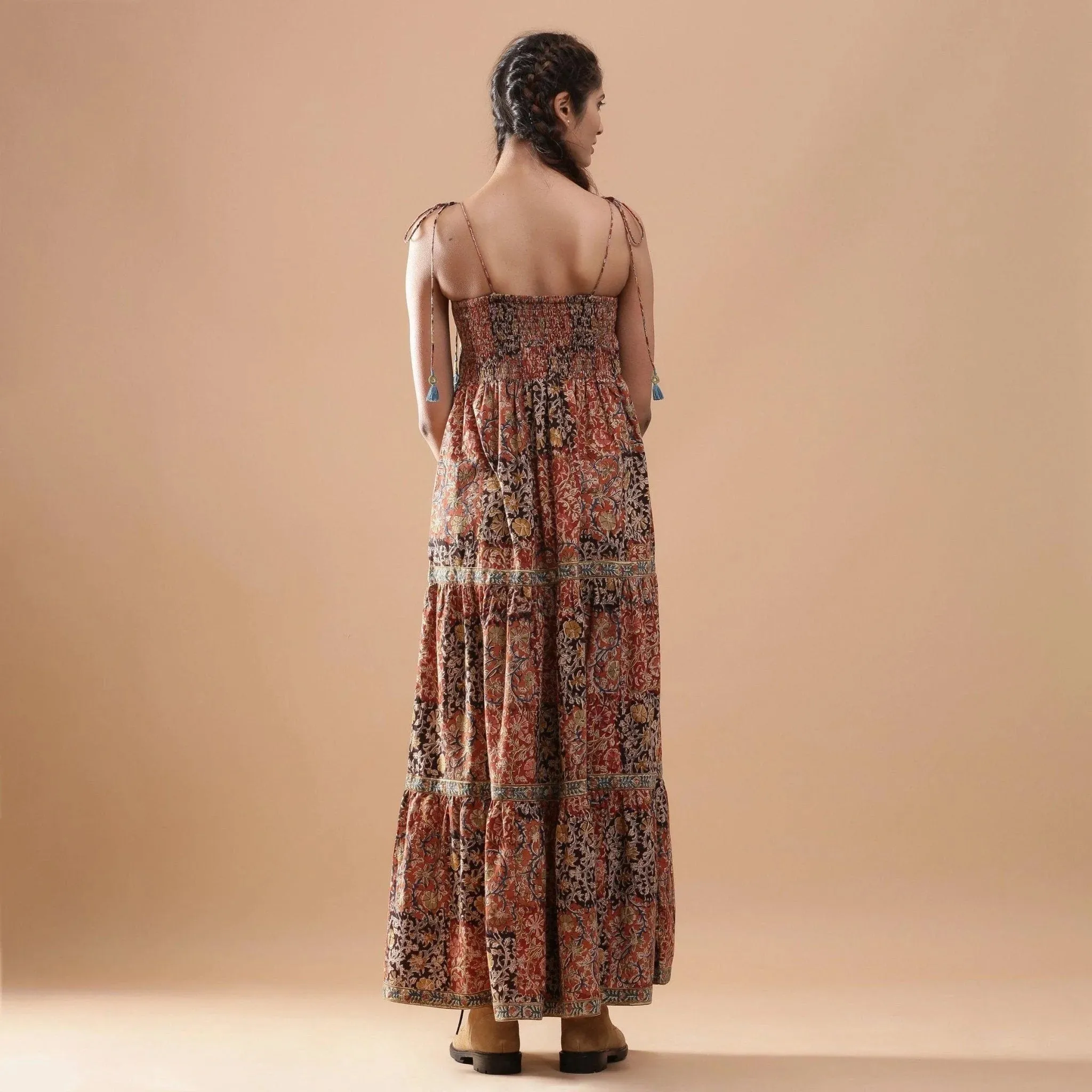 Bohemian Block Print Ankle Length Tier Cotton Dress