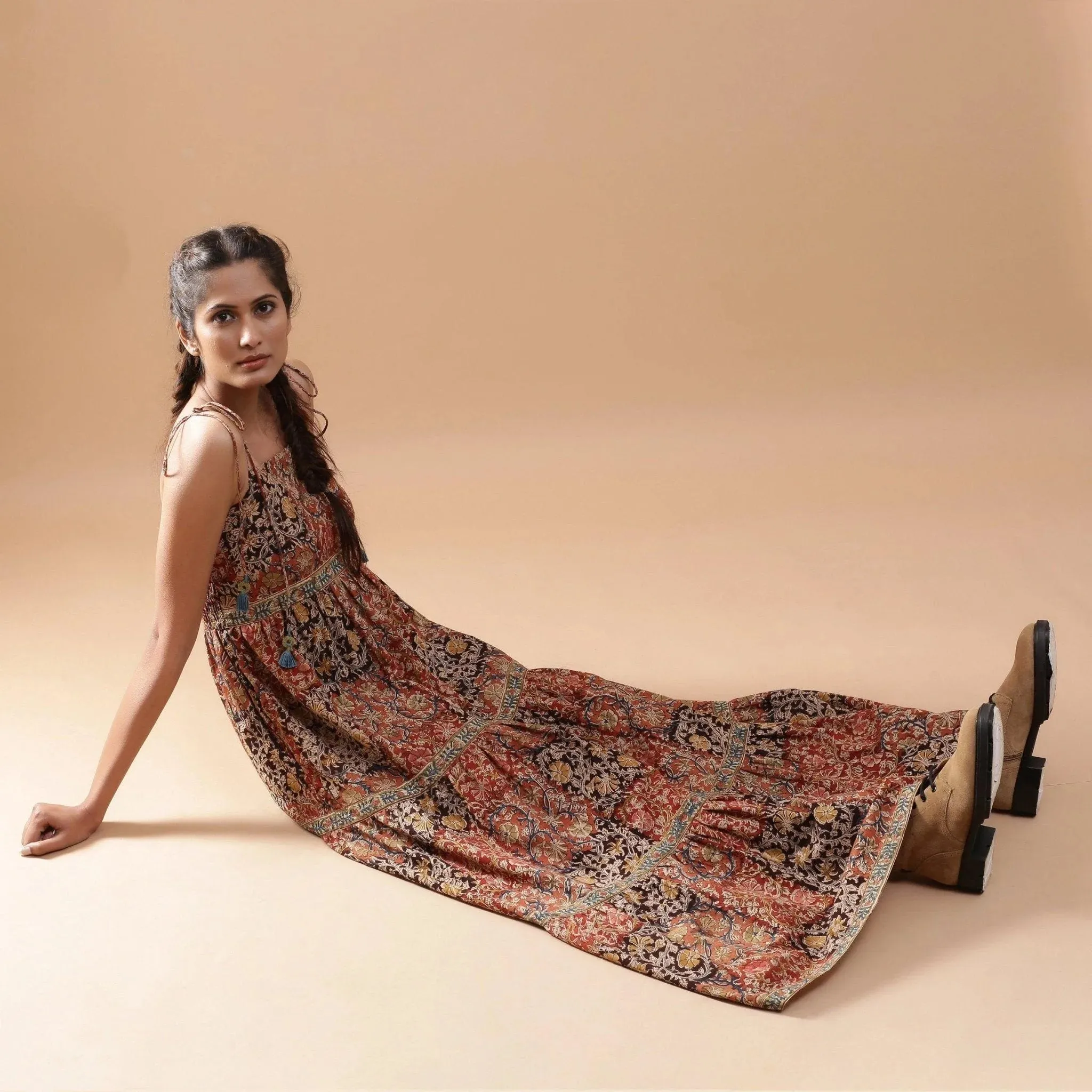 Bohemian Block Print Ankle Length Tier Cotton Dress