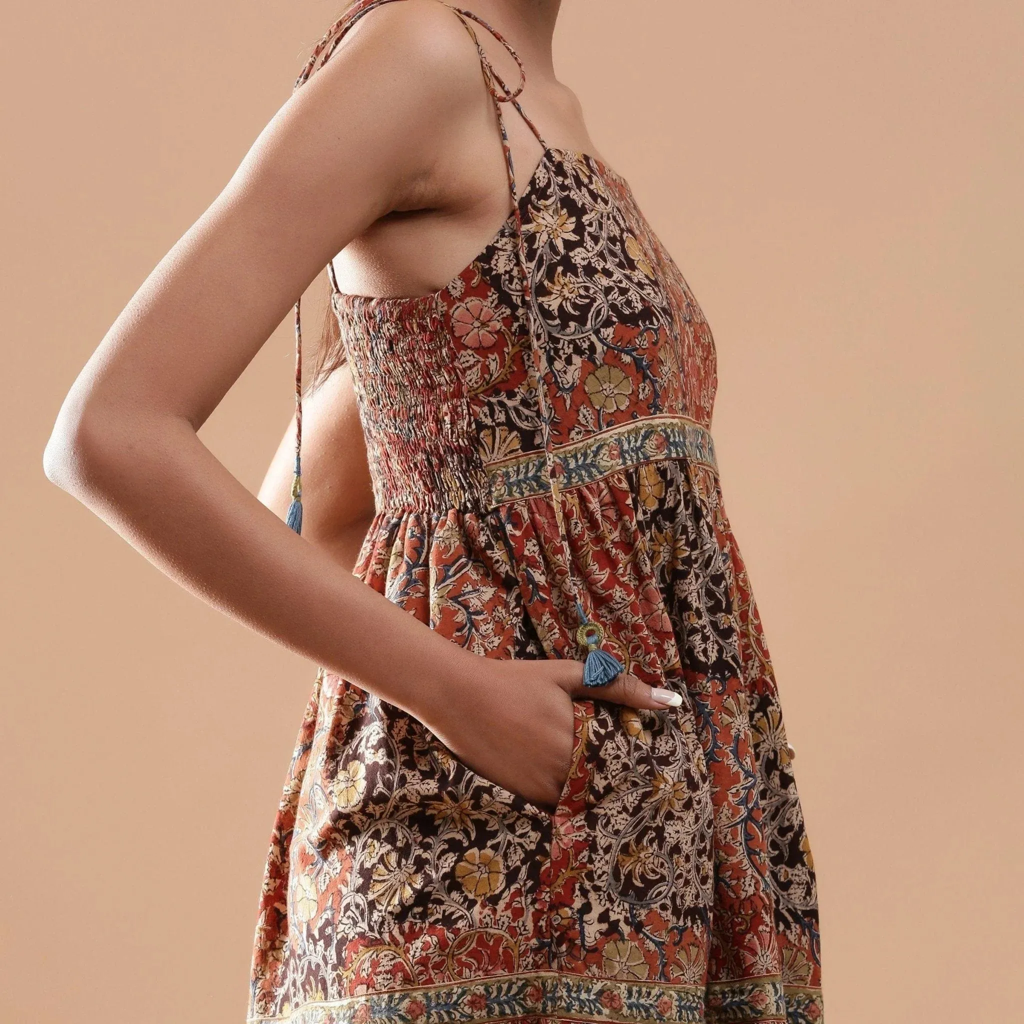 Bohemian Block Print Ankle Length Tier Cotton Dress