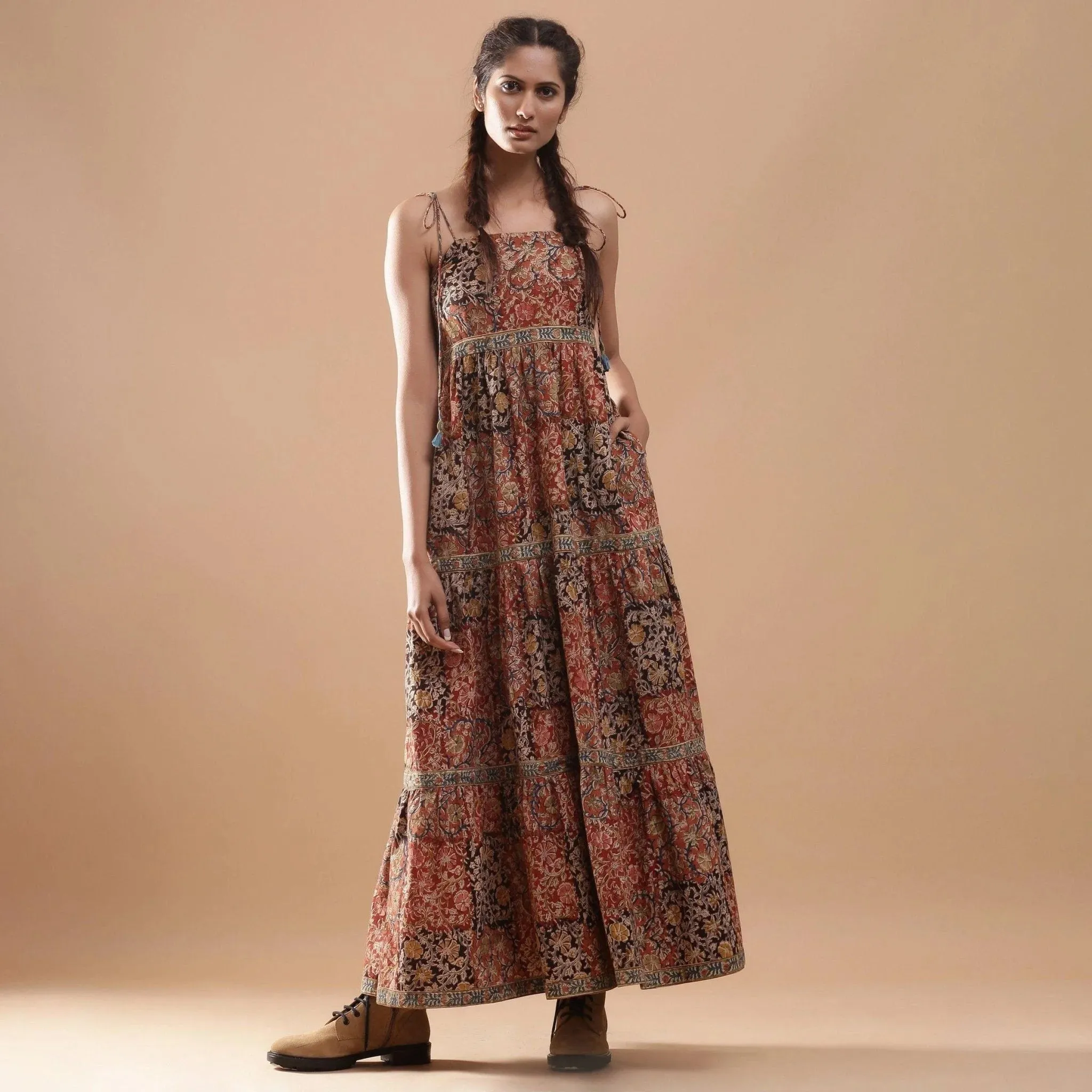 Bohemian Block Print Ankle Length Tier Cotton Dress