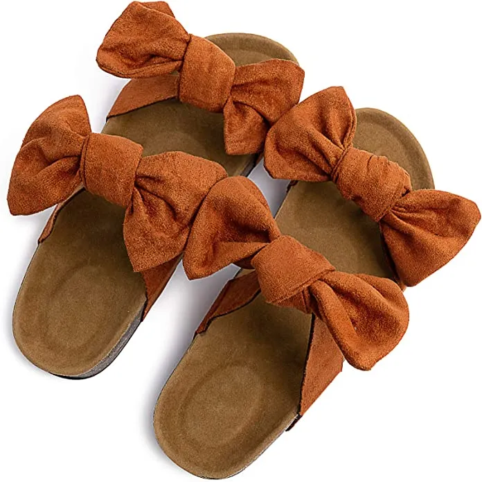 Brown Knot Suede Leather Soft Cork Slip On Sandals