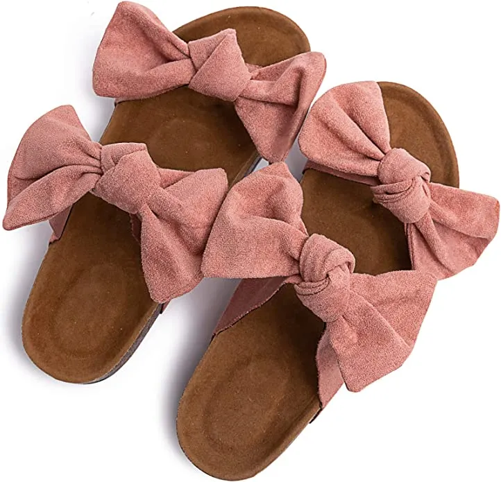 Brown Knot Suede Leather Soft Cork Slip On Sandals
