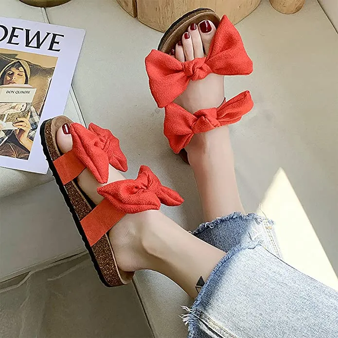 Brown Knot Suede Leather Soft Cork Slip On Sandals