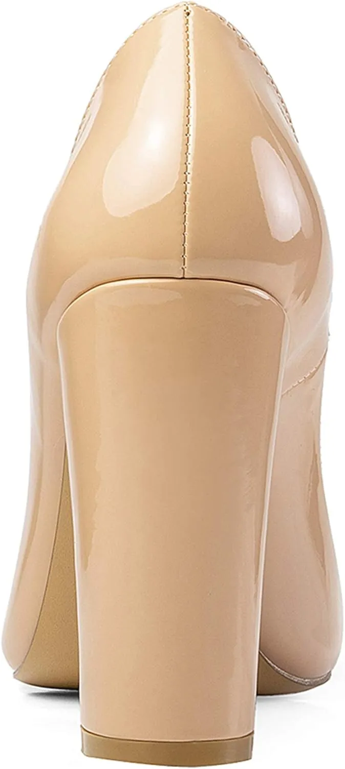 Eldof Women's Block Heel Pumps 4inches Round Toe Sexy Heels Elegant Comfort Classic High Heels Office Wedding Shoes