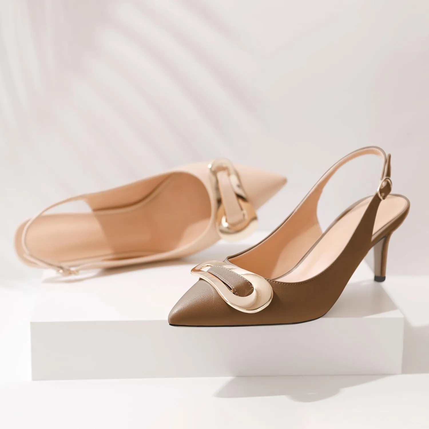 Esvowido Women's Kitten Heel Pointed Toe Slingback with Buckle Ankle Straps Sandals 2.5 Inch Elegant Comfort Fashion Shoes