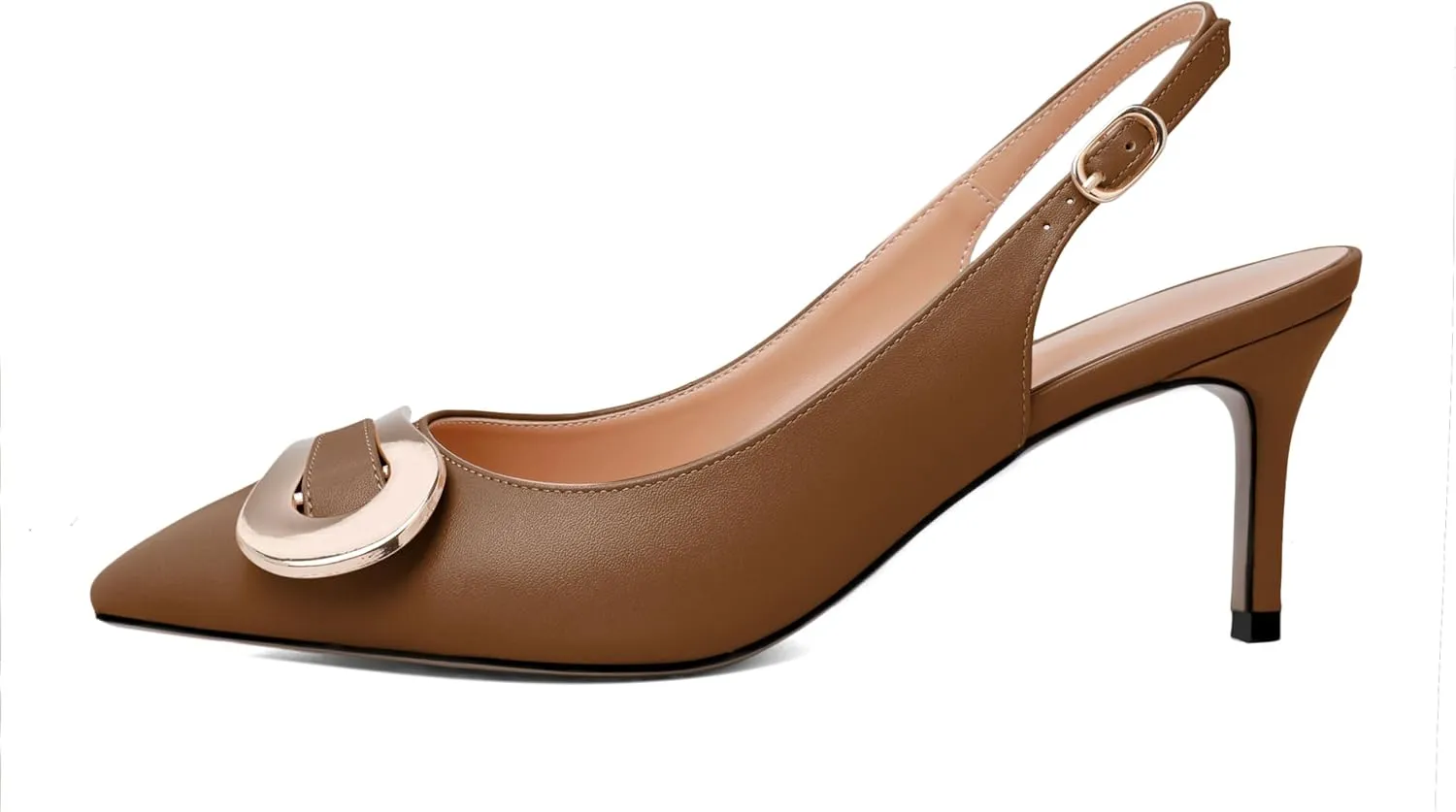 Esvowido Women's Kitten Heel Pointed Toe Slingback with Buckle Ankle Straps Sandals 2.5 Inch Elegant Comfort Fashion Shoes