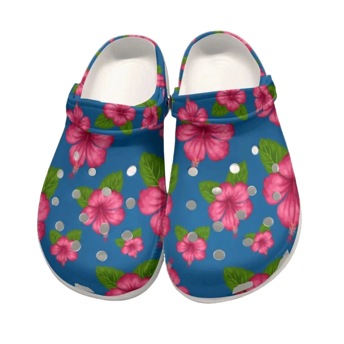 Graphic Pink Hibiscus Blue Rubber Shoes up to size 12