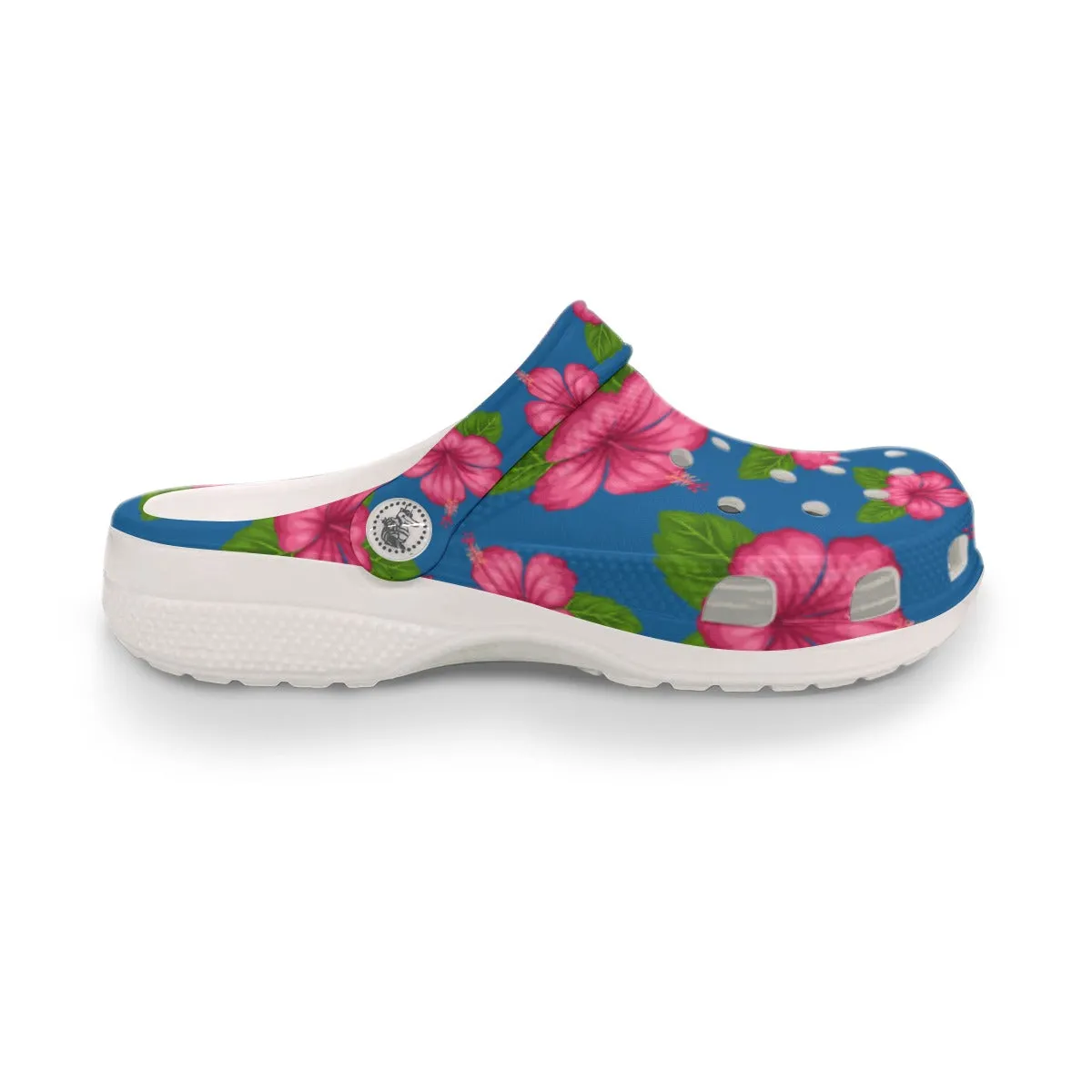 Graphic Pink Hibiscus Blue Rubber Shoes up to size 12