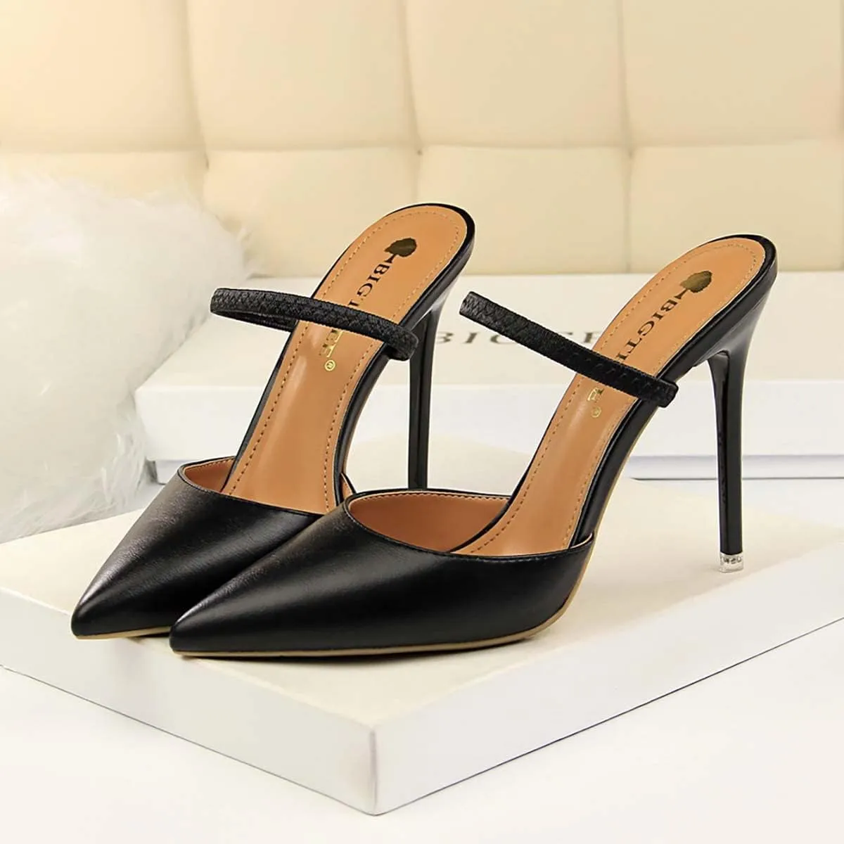 JOEupin Women Heeled Mules Strappy Pointed Toe Mules Stiletto High Heels Slip On Bridal Sandals