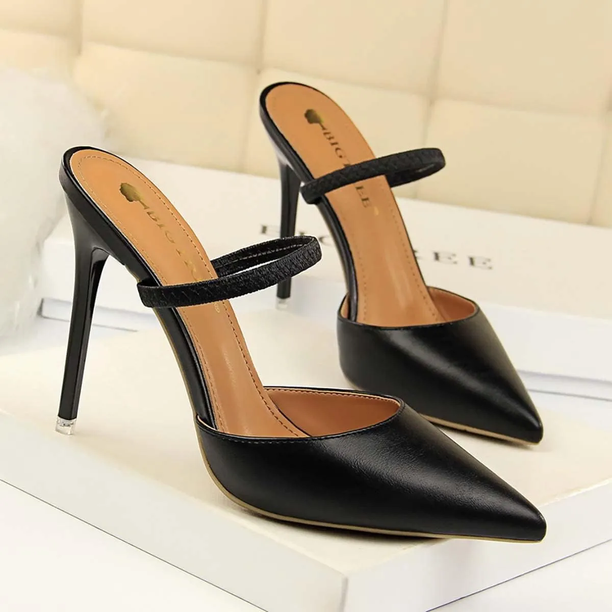 JOEupin Women Heeled Mules Strappy Pointed Toe Mules Stiletto High Heels Slip On Bridal Sandals