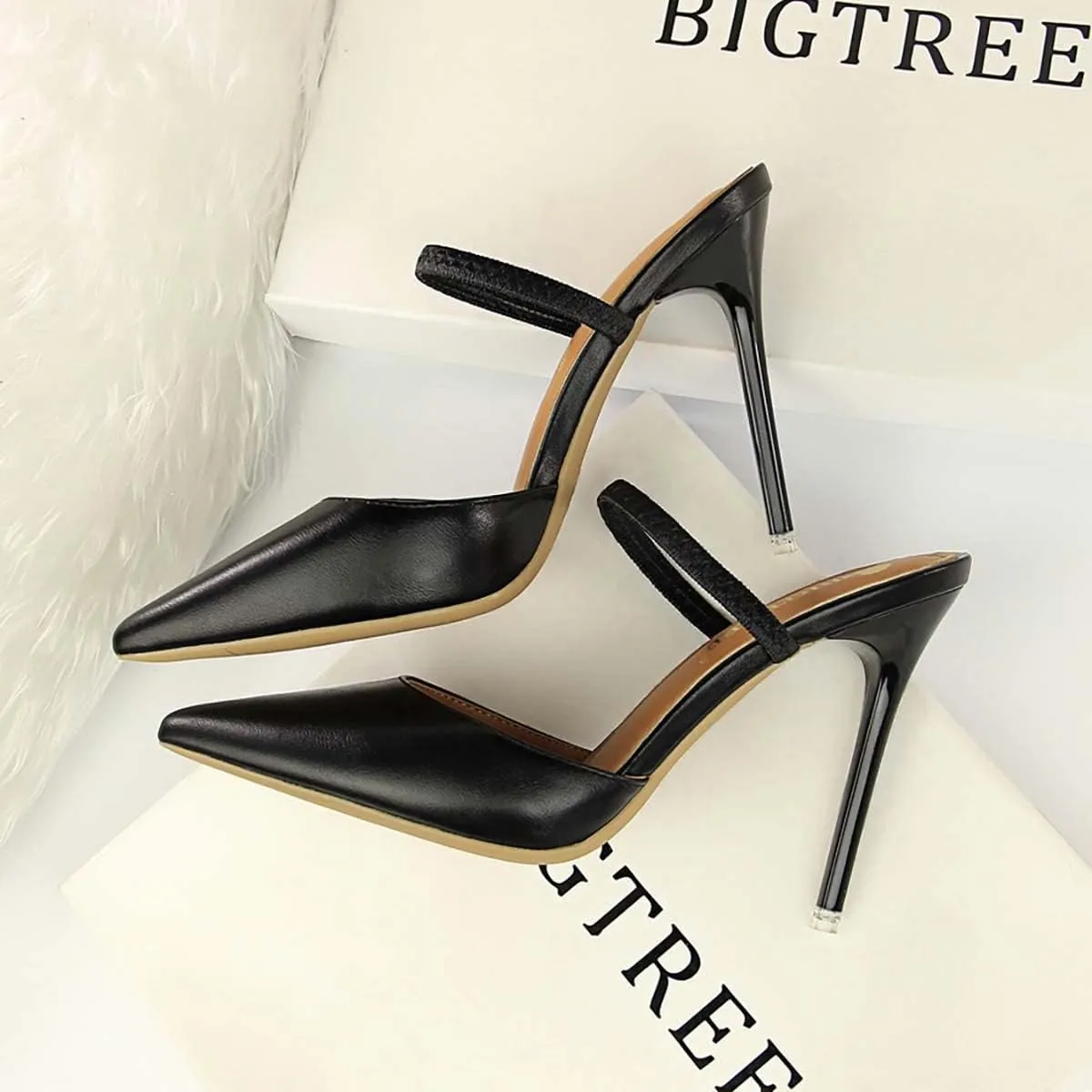 JOEupin Women Heeled Mules Strappy Pointed Toe Mules Stiletto High Heels Slip On Bridal Sandals