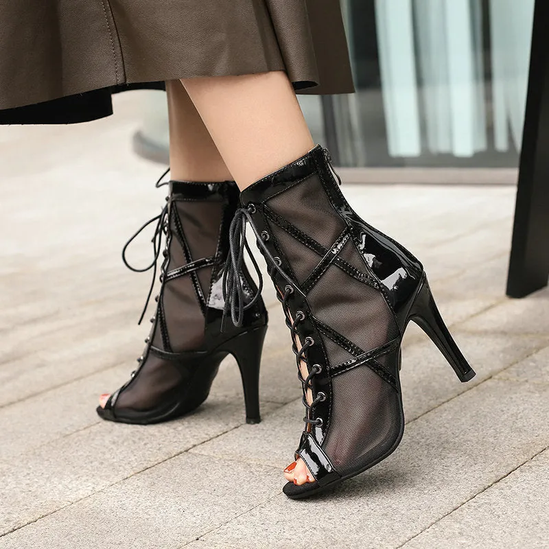 Lace up boots sandals sexy hollow peep toe black heel sandal