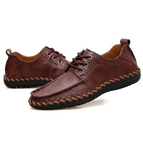 Men Hand Stitching Stylish Soft Breathable Lace Up Leather Casual Shoes