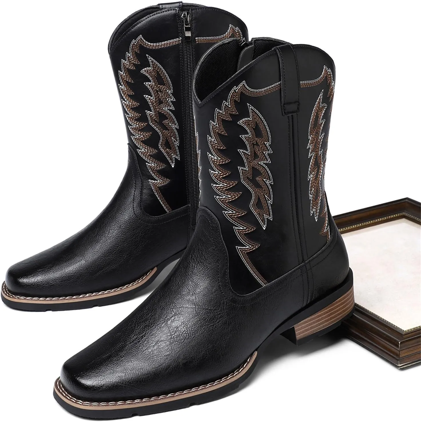 Mens Cowboy Boots Square Toe Classic Embroidery Western Boot for Men Slip Resistant Durable