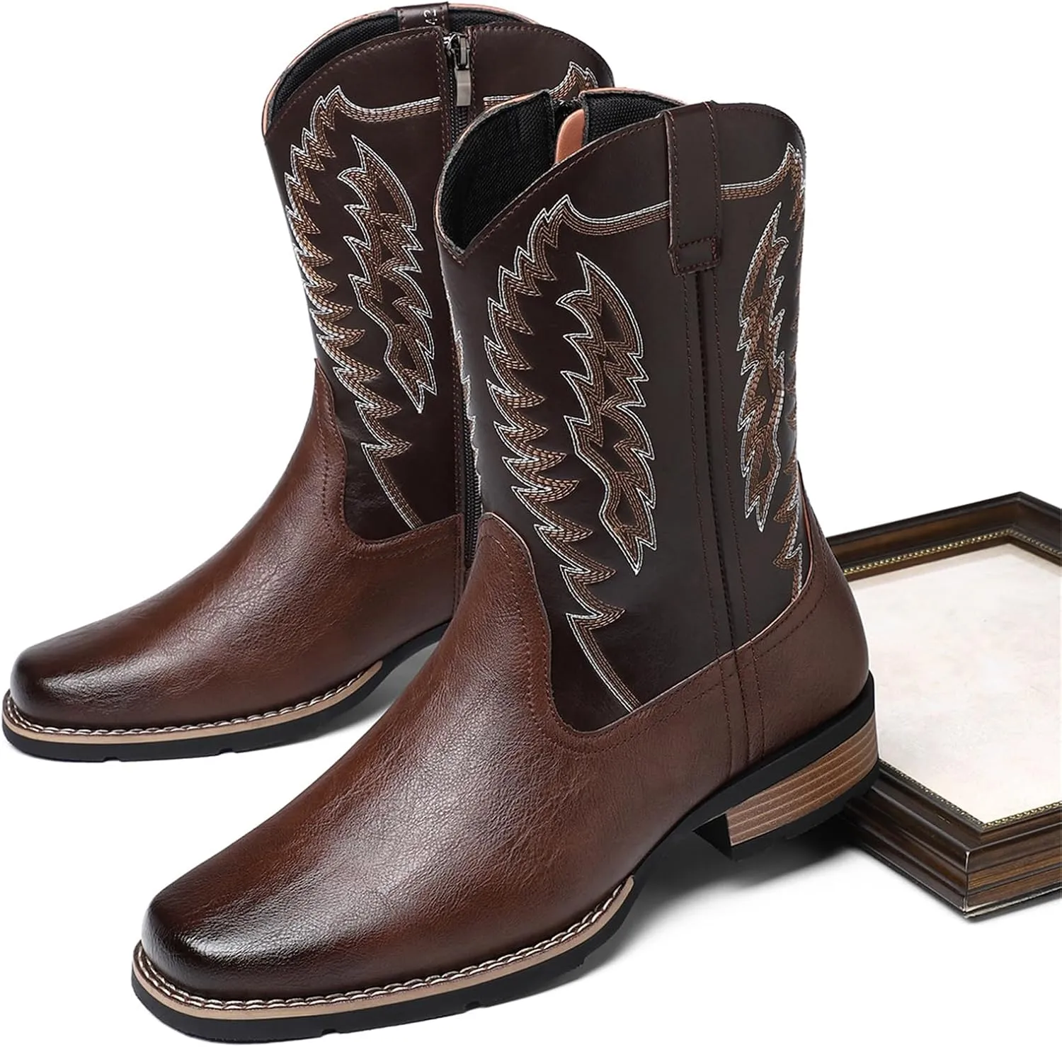 Mens Cowboy Boots Square Toe Classic Embroidery Western Boot for Men Slip Resistant Durable