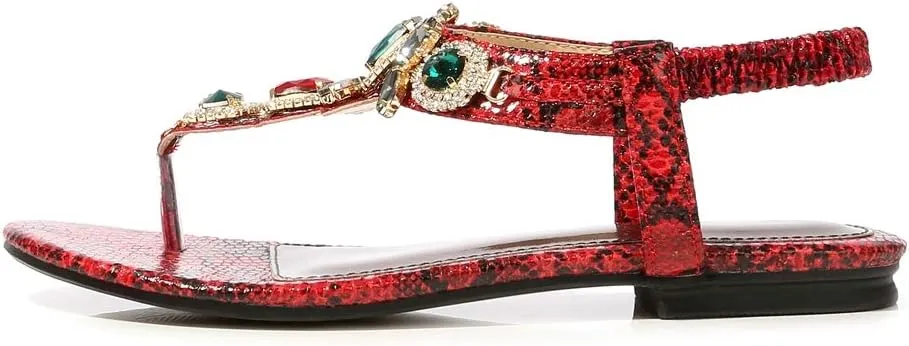 MIOKE Women's Boho Jeweled Flat Sandals T-strap Summer Beach Comfy Slingback Retro Flipflops Thong Sandal