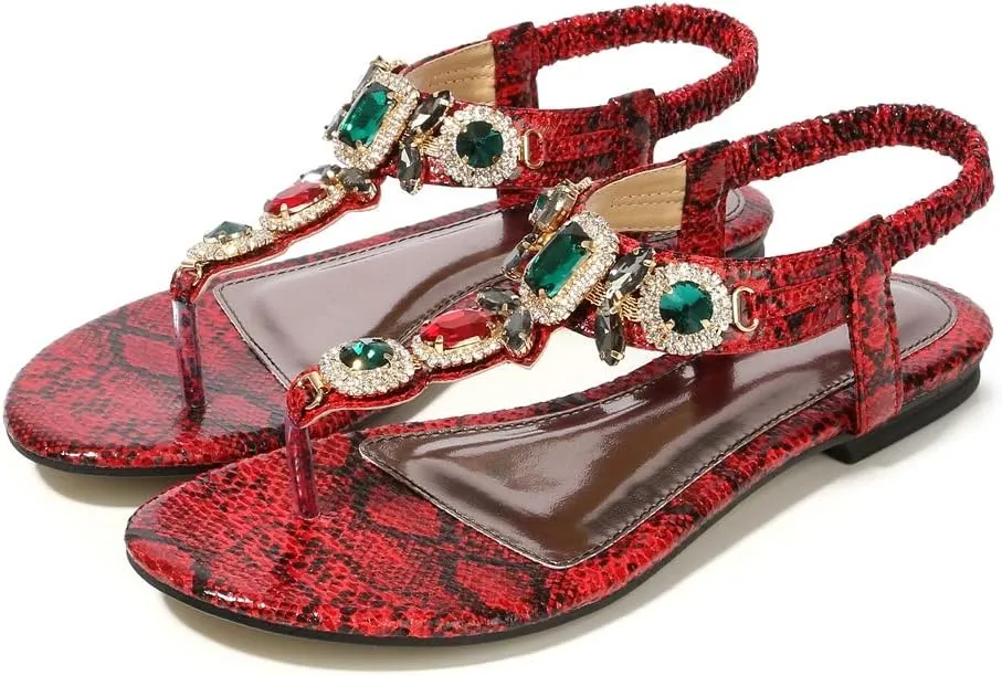 MIOKE Women's Boho Jeweled Flat Sandals T-strap Summer Beach Comfy Slingback Retro Flipflops Thong Sandal