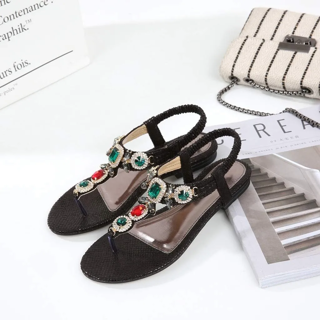 MIOKE Women's Boho Jeweled Flat Sandals T-strap Summer Beach Comfy Slingback Retro Flipflops Thong Sandal