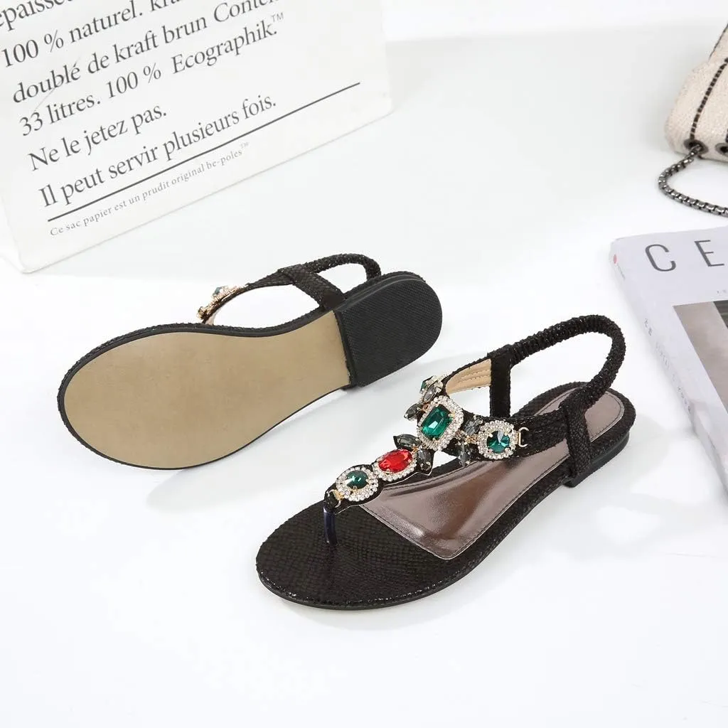 MIOKE Women's Boho Jeweled Flat Sandals T-strap Summer Beach Comfy Slingback Retro Flipflops Thong Sandal