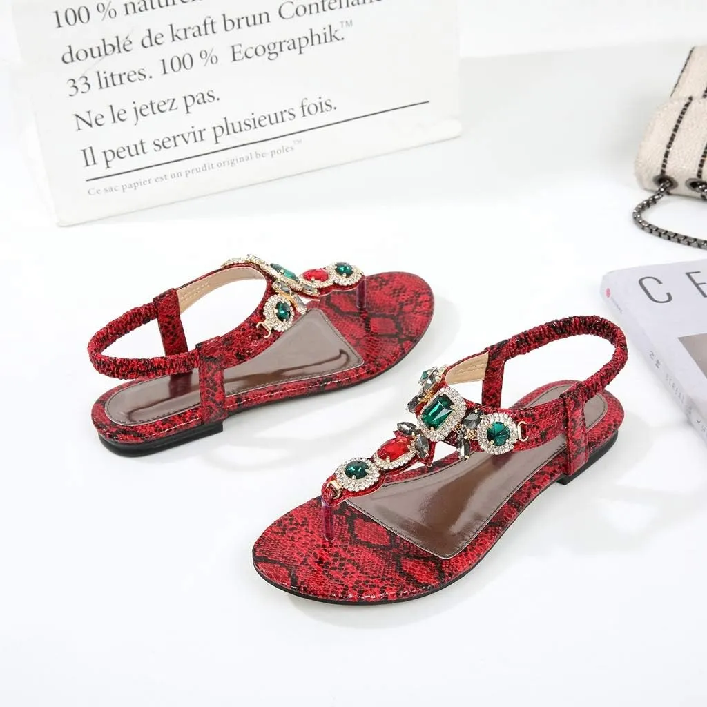 MIOKE Women's Boho Jeweled Flat Sandals T-strap Summer Beach Comfy Slingback Retro Flipflops Thong Sandal