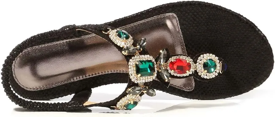 MIOKE Women's Boho Jeweled Flat Sandals T-strap Summer Beach Comfy Slingback Retro Flipflops Thong Sandal