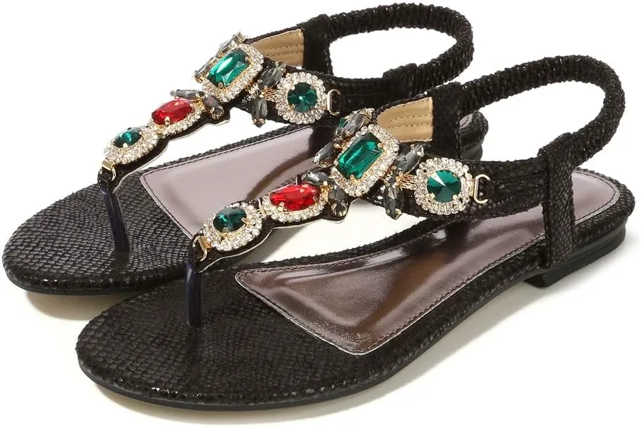 MIOKE Women's Boho Jeweled Flat Sandals T-strap Summer Beach Comfy Slingback Retro Flipflops Thong Sandal