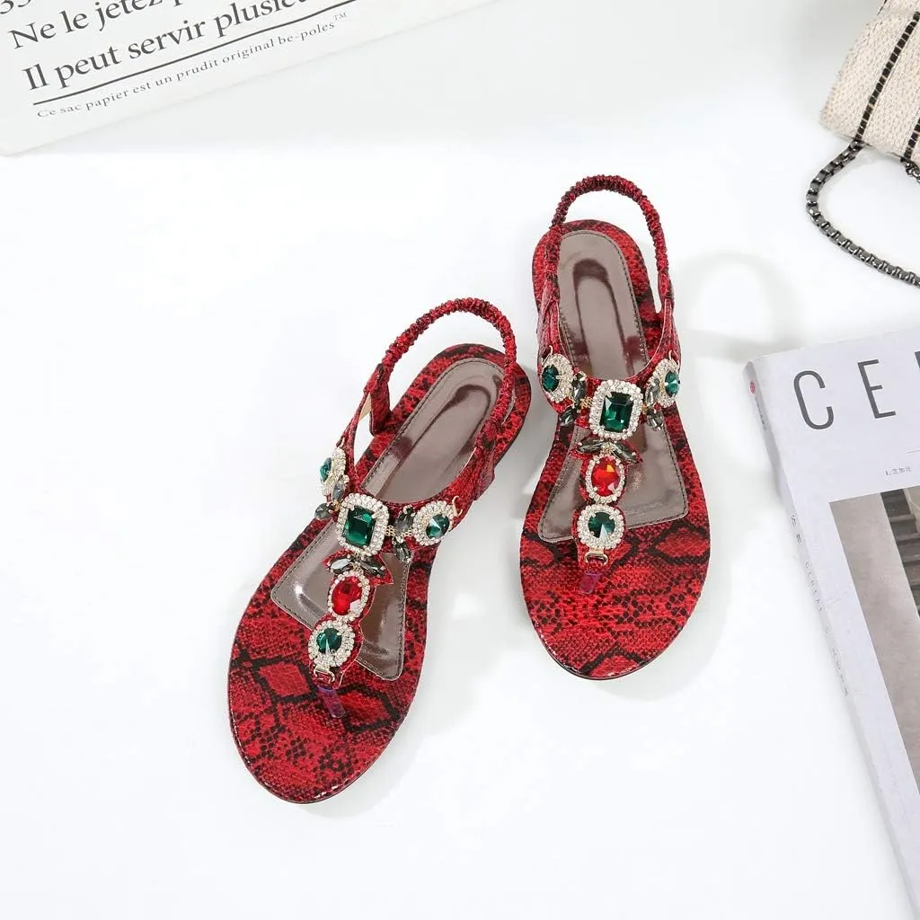 MIOKE Women's Boho Jeweled Flat Sandals T-strap Summer Beach Comfy Slingback Retro Flipflops Thong Sandal