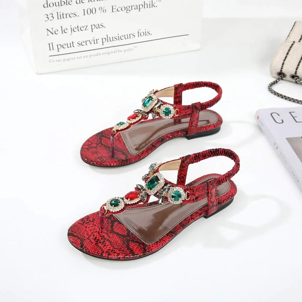 MIOKE Women's Boho Jeweled Flat Sandals T-strap Summer Beach Comfy Slingback Retro Flipflops Thong Sandal