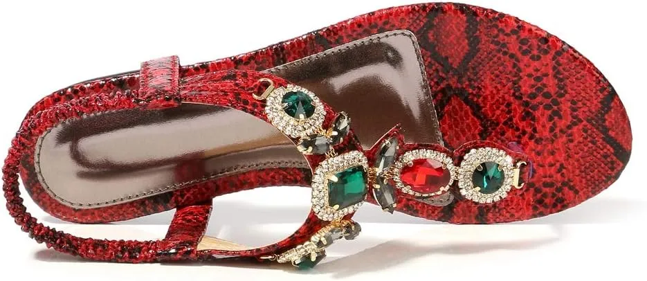 MIOKE Women's Boho Jeweled Flat Sandals T-strap Summer Beach Comfy Slingback Retro Flipflops Thong Sandal