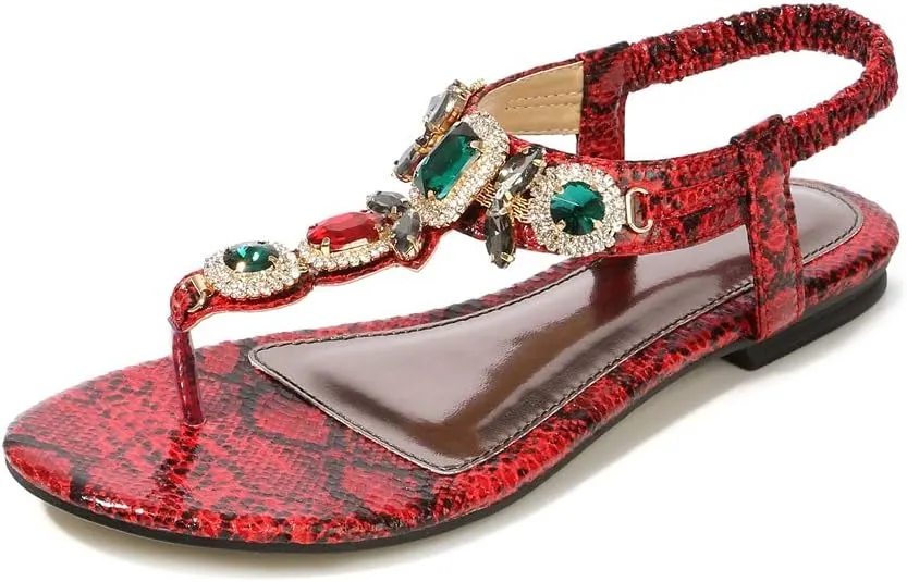 MIOKE Women's Boho Jeweled Flat Sandals T-strap Summer Beach Comfy Slingback Retro Flipflops Thong Sandal