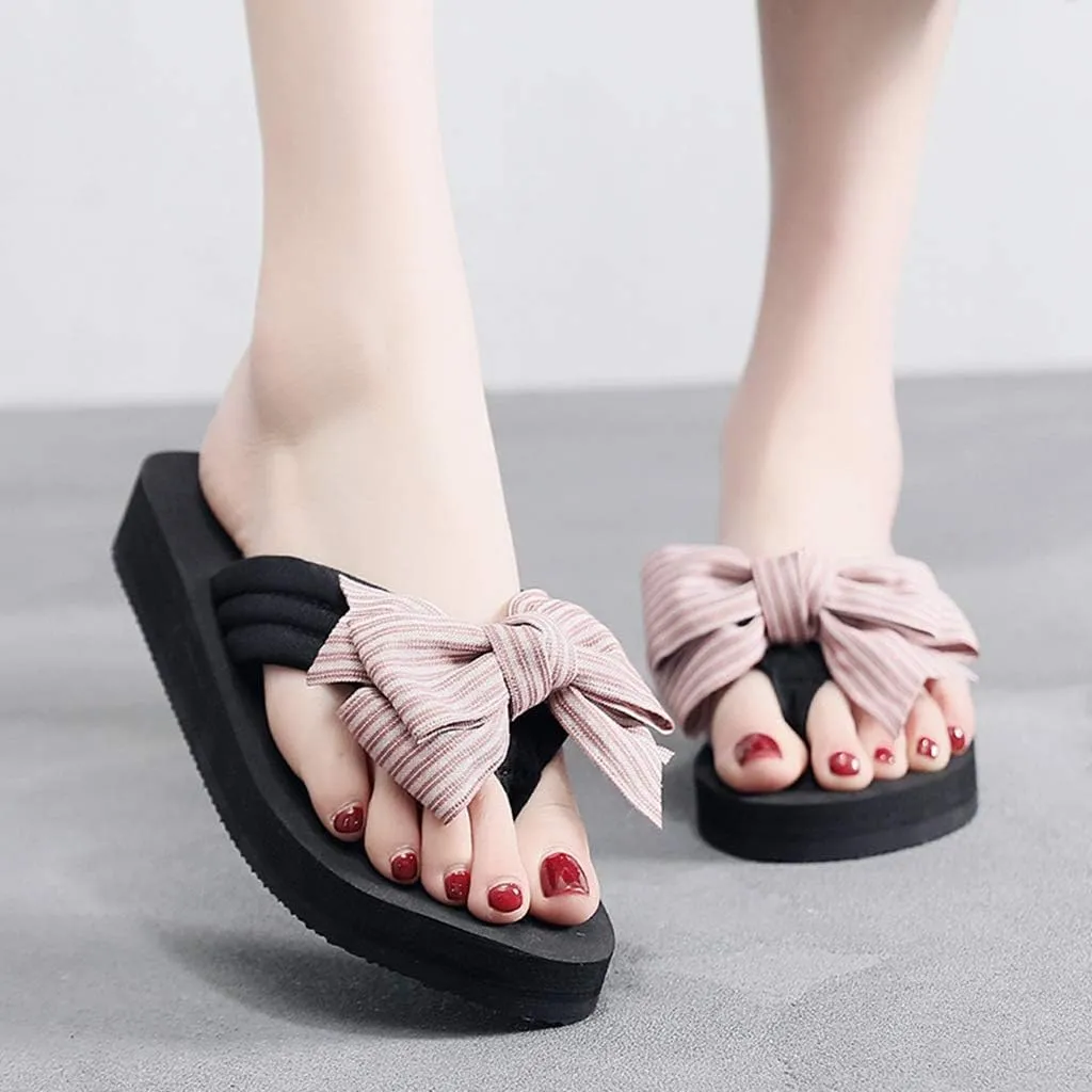 MIOKE Women's Bowknot Wedge Flipflops Sandals Fashion Summer Comfort Nonslip Platform Beach Thong Sandals