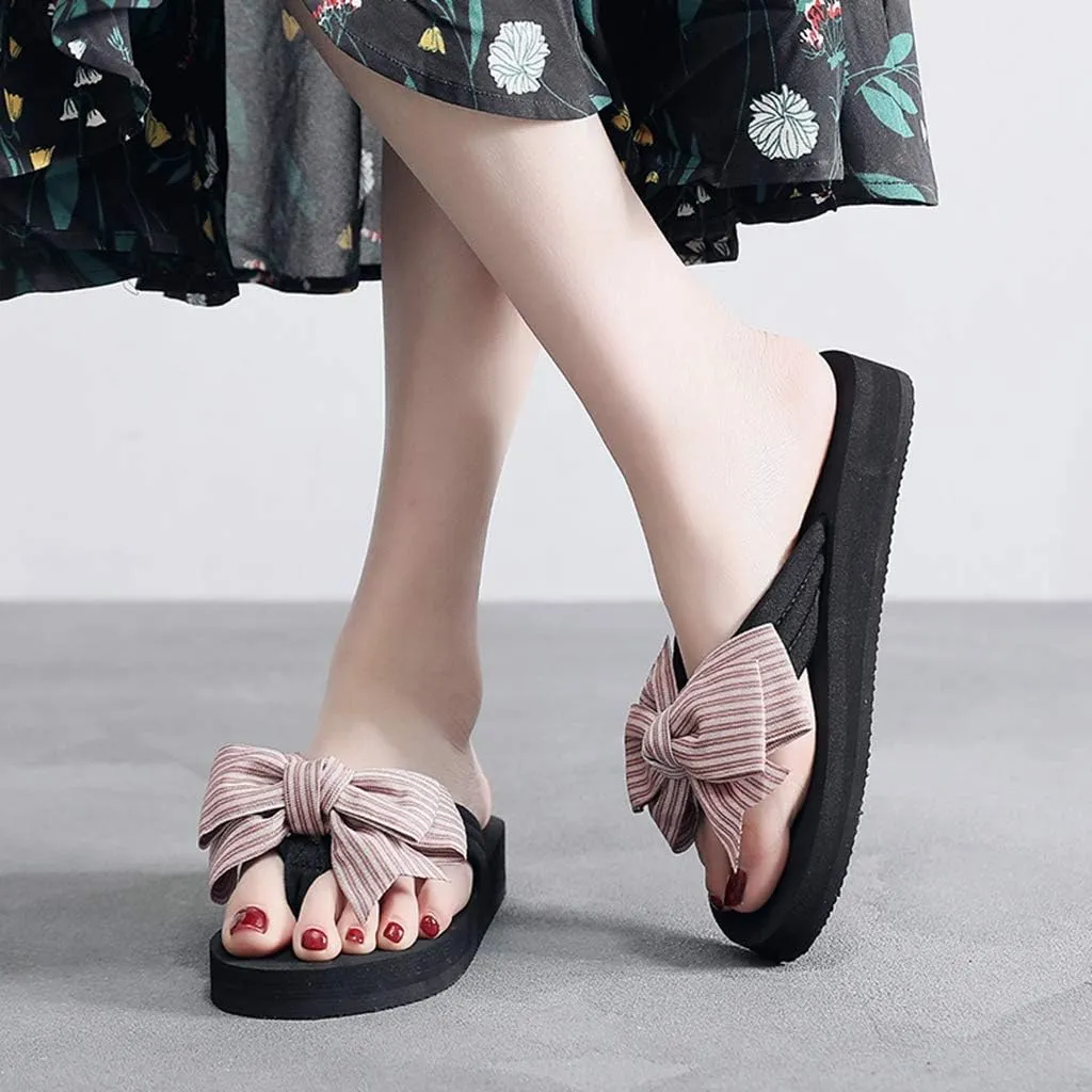 MIOKE Women's Bowknot Wedge Flipflops Sandals Fashion Summer Comfort Nonslip Platform Beach Thong Sandals