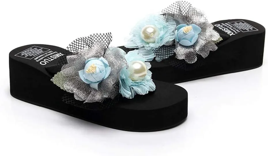 MIOKE Women's Chic Flower Wedge Flipflops Summer Bohemian High Heel Platform Nonslip Beach Thong Sandals