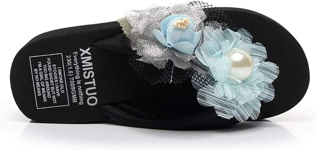 MIOKE Women's Chic Flower Wedge Flipflops Summer Bohemian High Heel Platform Nonslip Beach Thong Sandals