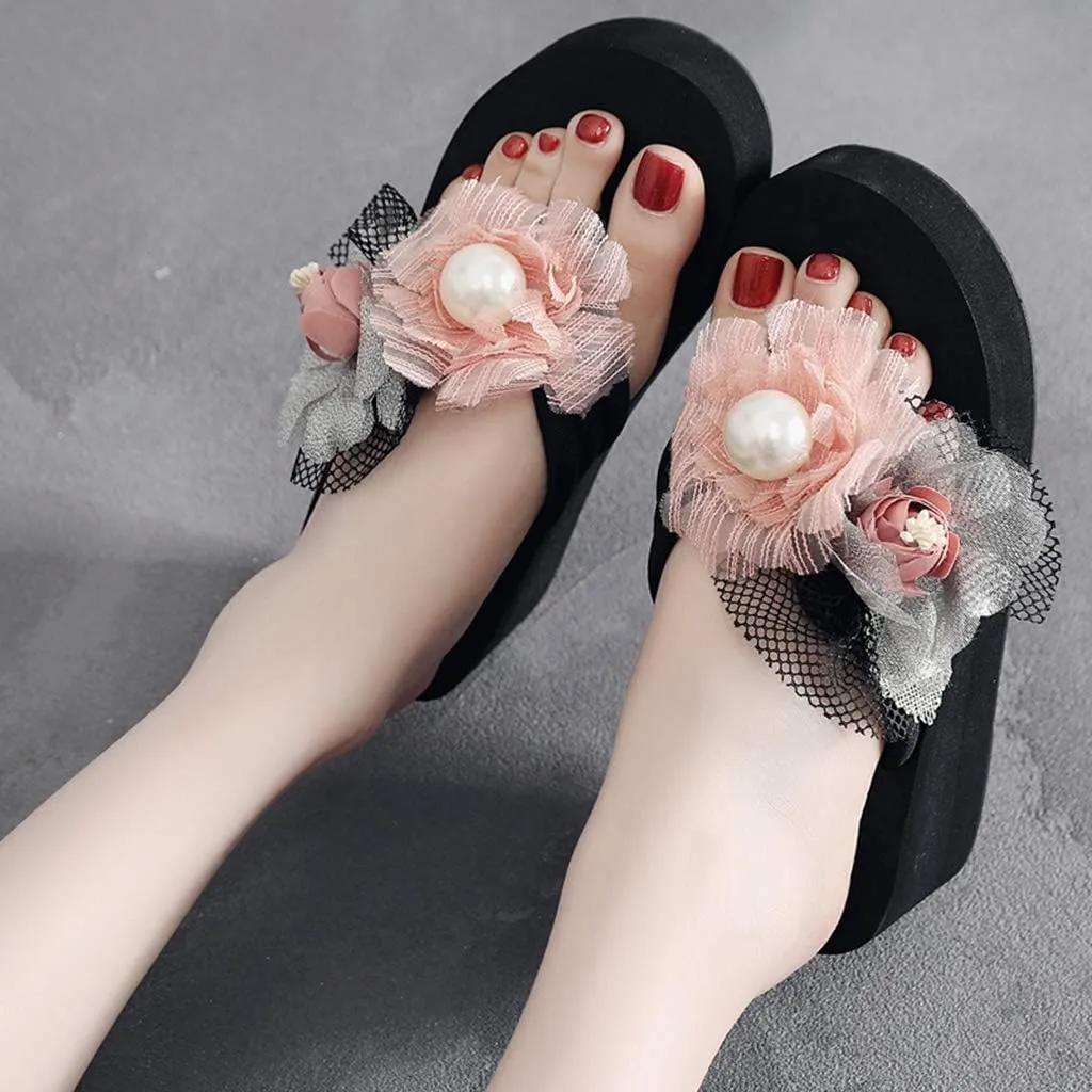 MIOKE Women's Chic Flower Wedge Flipflops Summer Bohemian High Heel Platform Nonslip Beach Thong Sandals