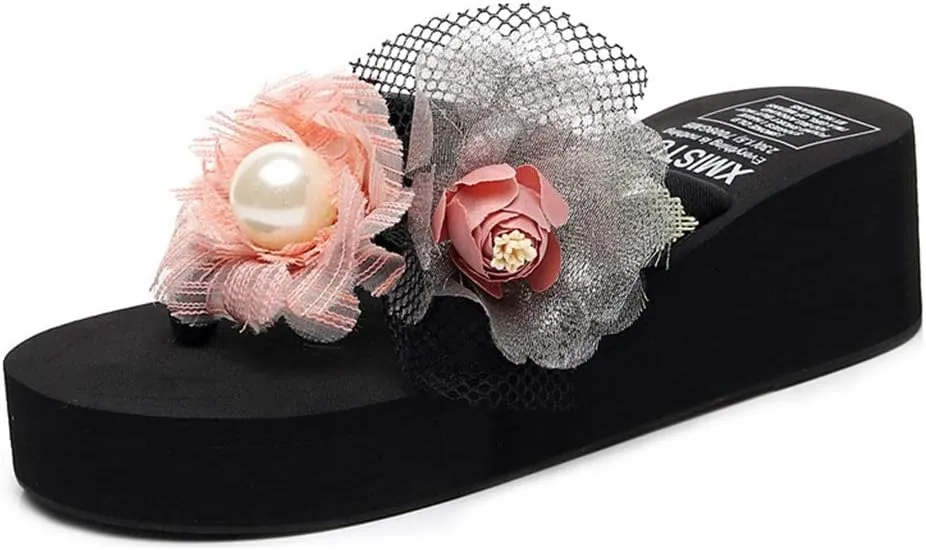 MIOKE Women's Chic Flower Wedge Flipflops Summer Bohemian High Heel Platform Nonslip Beach Thong Sandals