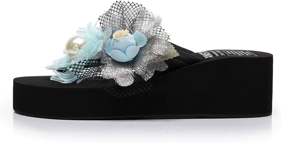 MIOKE Women's Chic Flower Wedge Flipflops Summer Bohemian High Heel Platform Nonslip Beach Thong Sandals