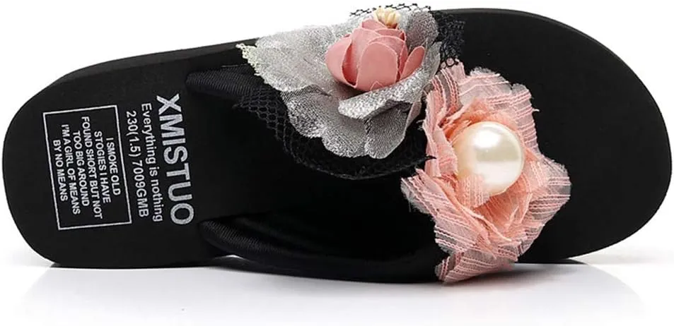 MIOKE Women's Chic Flower Wedge Flipflops Summer Bohemian High Heel Platform Nonslip Beach Thong Sandals