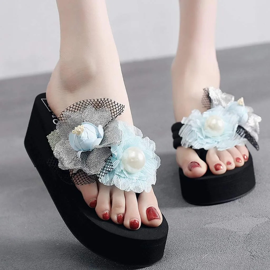 MIOKE Women's Chic Flower Wedge Flipflops Summer Bohemian High Heel Platform Nonslip Beach Thong Sandals