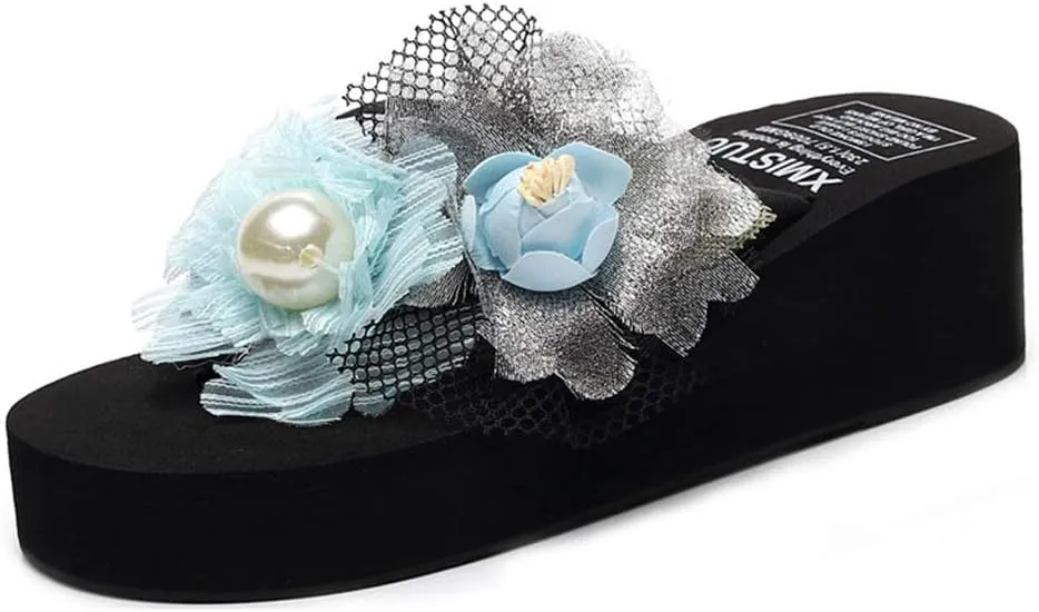 MIOKE Women's Chic Flower Wedge Flipflops Summer Bohemian High Heel Platform Nonslip Beach Thong Sandals