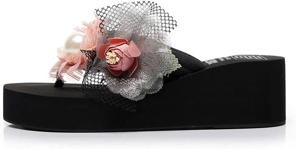 MIOKE Women's Chic Flower Wedge Flipflops Summer Bohemian High Heel Platform Nonslip Beach Thong Sandals