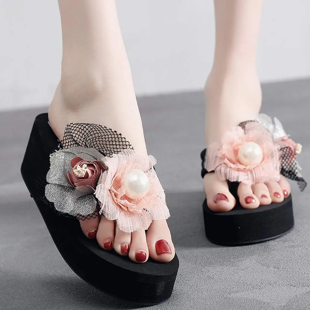 MIOKE Women's Chic Flower Wedge Flipflops Summer Bohemian High Heel Platform Nonslip Beach Thong Sandals