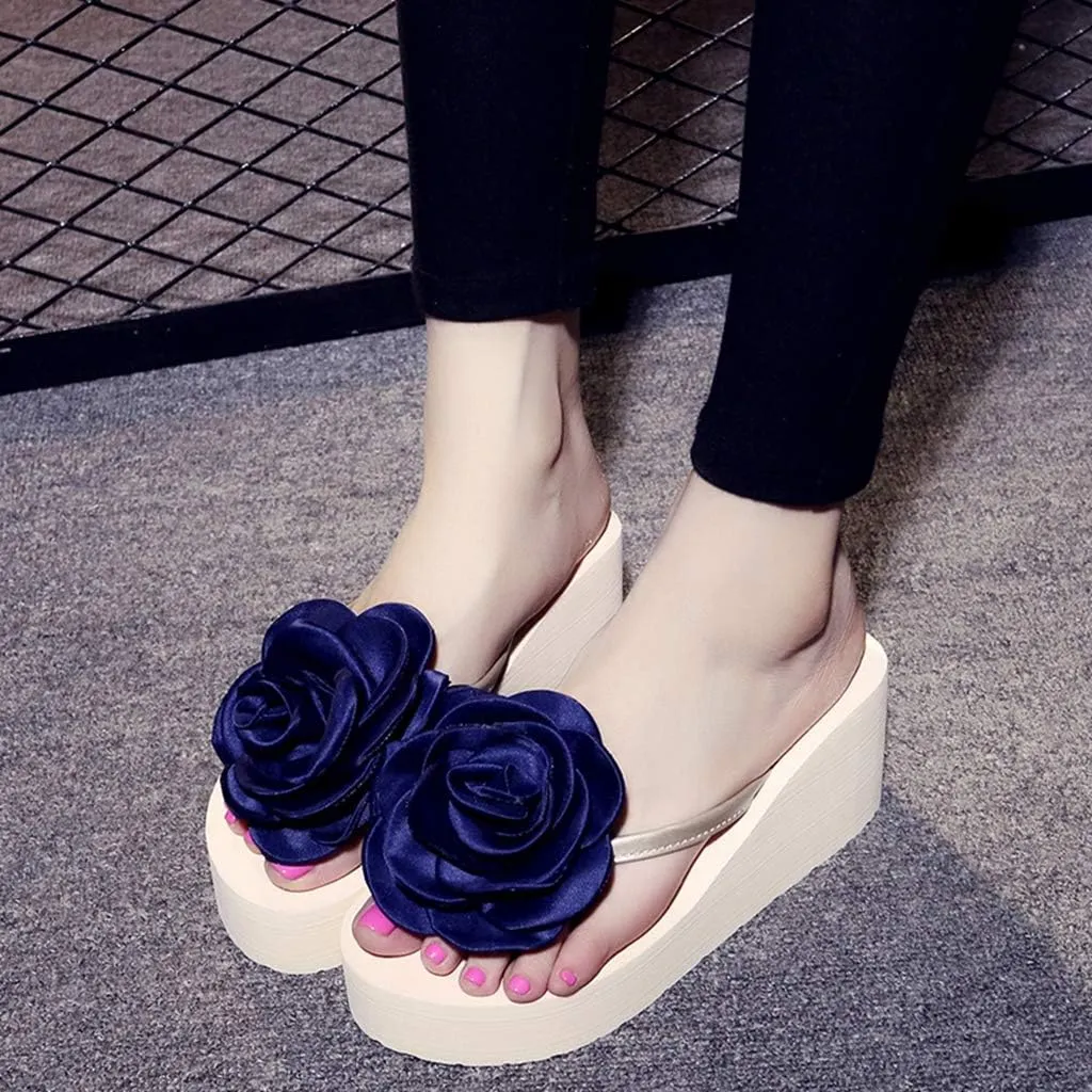 MIOKE Womens Flower Wedge High Heel Flipflops Summer Platform Comfort Anti-slip Beach Thong Sandals Black